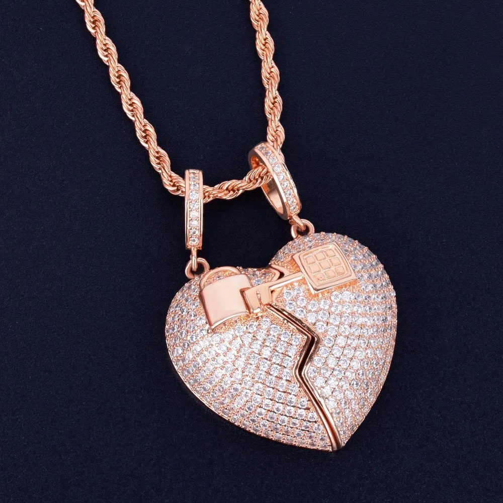 Men Key Lock Heart Pendant Rope Chain Necklace 